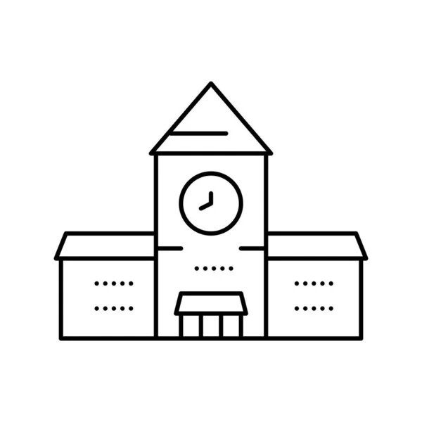 Edifício da estação ferroviária com linha de relógio ícone vetor ilustração —  Vetores de Stock