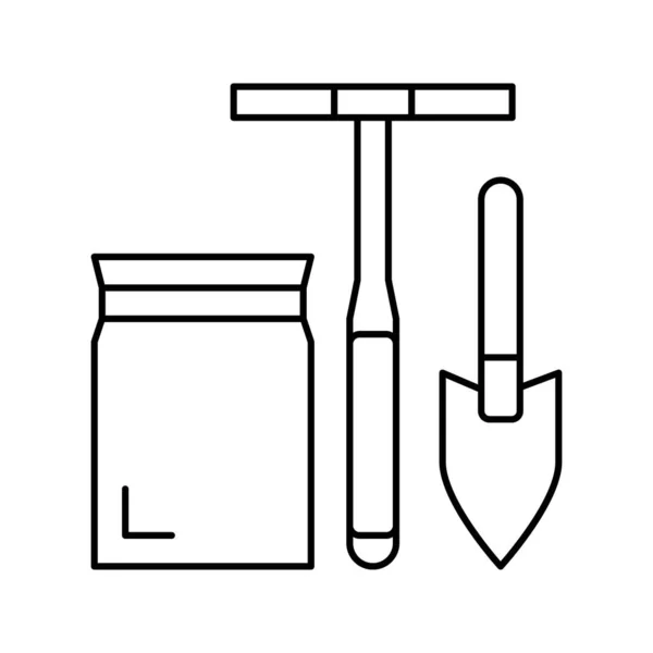 Лопата, сверло и сумка для нахождения иконок на линии тестирования почвы — стоковый вектор