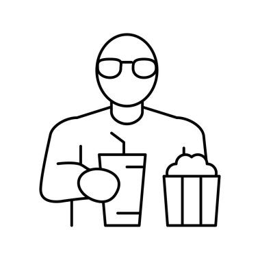 İzleyiciler film izliyor ve sinema çizgisinde patlamış mısır yiyor.