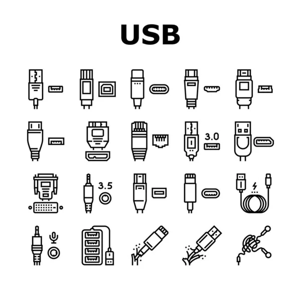 Usb Kabel i Port Zakupy Ikony zestaw wektor — Wektor stockowy