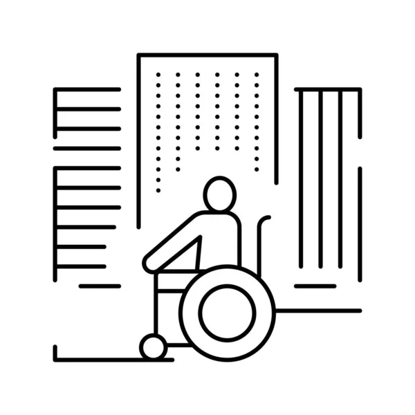 Silla de ruedas con discapacidad en la línea de la ciudad icono de ilustración vectorial — Archivo Imágenes Vectoriales