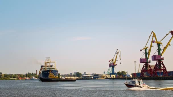 Schlepper schleppen einen Fischtrawler im Hafen — Stockvideo