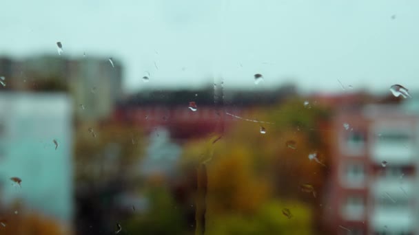 Ciudad de otoño detrás de un vaso húmedo — Vídeo de stock