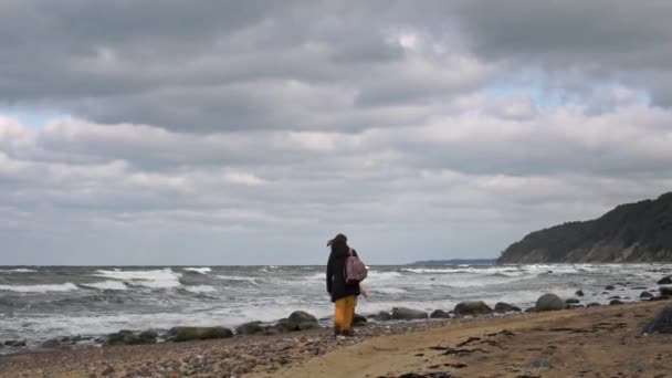 女人和小女孩在海滩上散步 — 图库视频影像