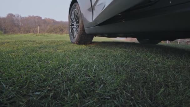Pria bertelanjang kaki meninggalkan mobil ke halaman — Stok Video