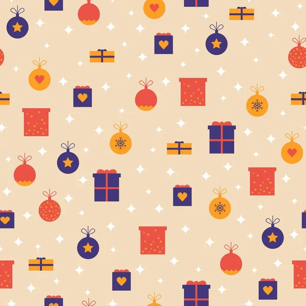 Nahtloser weihnachtlicher Hintergrund mit Baumschmuck, Geschenkschachteln, Sternen — Stockvektor
