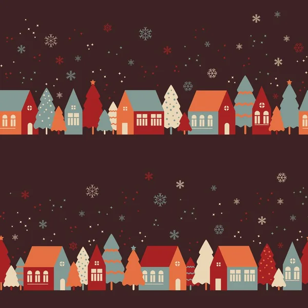 Seamless pattern with cute houses in snowy forest — Stock Vector