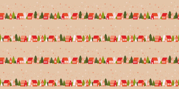 Бесшовный узор с красивыми домами в снежном лесу