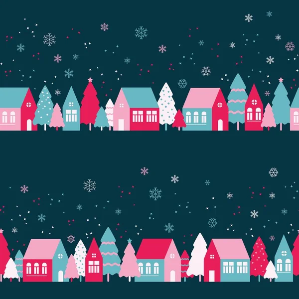 Seamless pattern with cute houses in snowy forest — Stock Vector