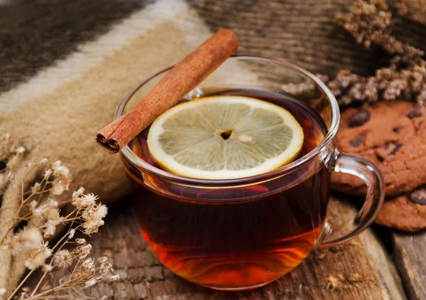 Hot drink with a lemon and cinnamon — Stock Photo, Image