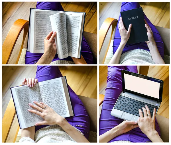 Menina com a Bíblia e laptop — Fotografia de Stock