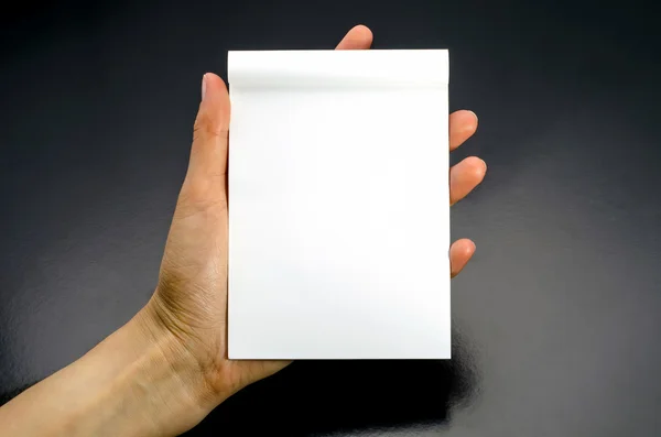 Manos femeninas sosteniendo un cuaderno blanco en blanco — Foto de Stock