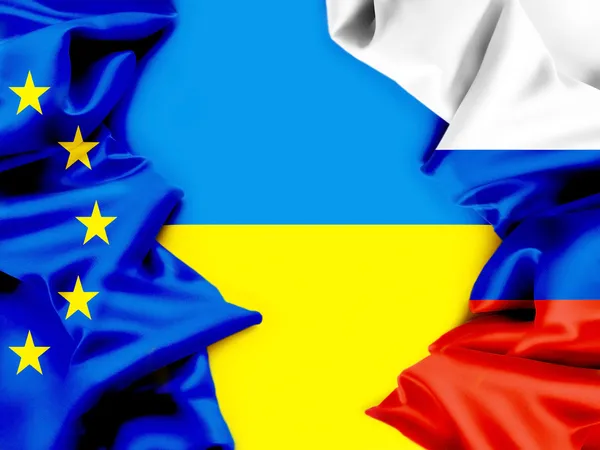 Bandiere dell'Ucraina, dell'Unione europea e della Russia. Conflitto . — Foto Stock