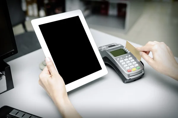 Bank terminal and tablet pc — Stock Photo, Image