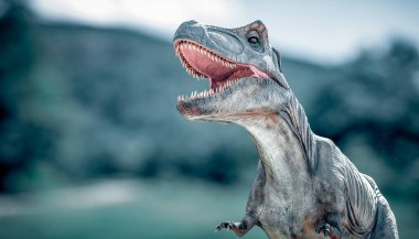 Dinozor antik dünyanın arka planında.