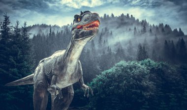 Dinozor antik dünyanın arka planında.
