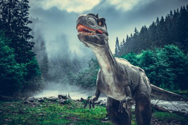 Dinozor antik dünyanın arka planında.