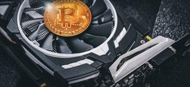Kripto para madenciliği. Grafik kartta Bitcoin madeni para, kripto para madenciliği için video kartı. Kripto para birimi.