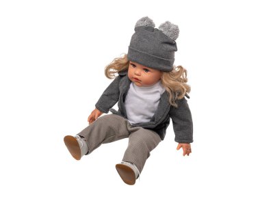 Küçük plastik bebek kız beyazı izole edilmiş.