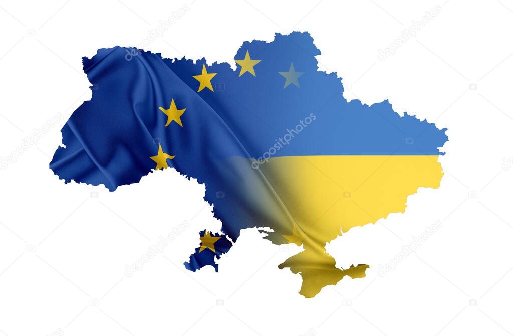 Ukraine map with Ukrainian and European Union flags.
