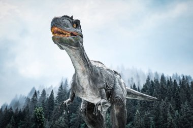 Kasvetli bir ormanın arka planındaki dinozor..