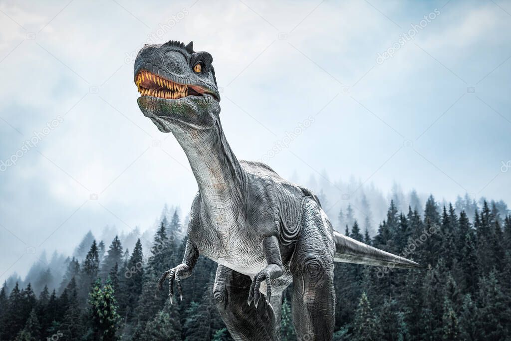 Dinosaur on the background of a gloomy forest.