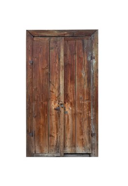 Beyaz arka planda izole edilmiş eski ahşap kapı