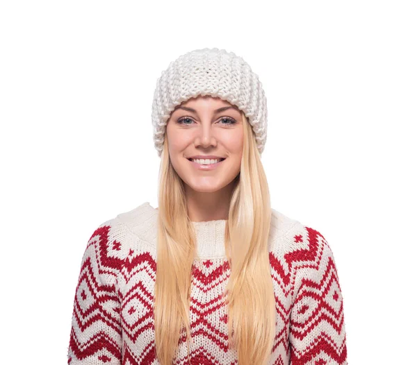 Young Joyful Woman Winter Clothes White Background — Photo