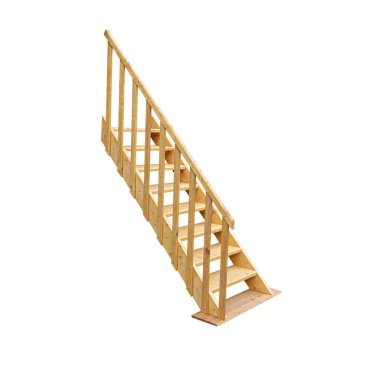 Beyaz arka planda izole bir merdivenin tahta basamakları..