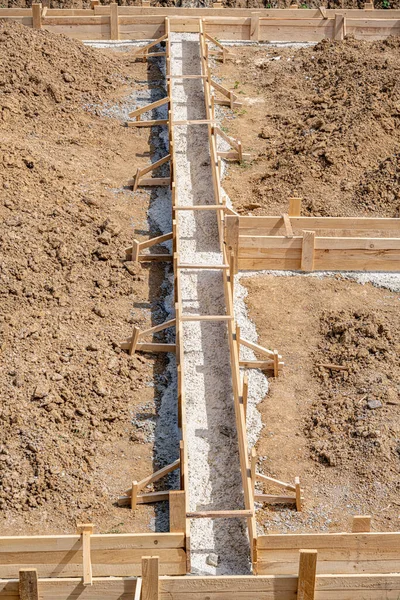 Wooden formwork for pouring concrete foundation of the house. Foundation construction.