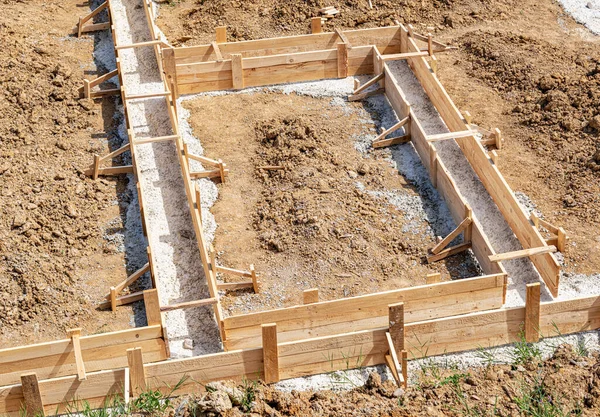 Wooden Formwork Pouring Concrete Foundation House Foundation Construction — ストック写真