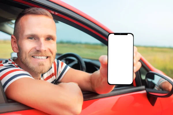 Man Car Shows Smartphone White Screen — ストック写真