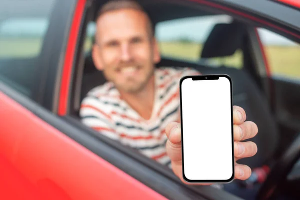 Man Car Shows Smartphone White Screen — 图库照片