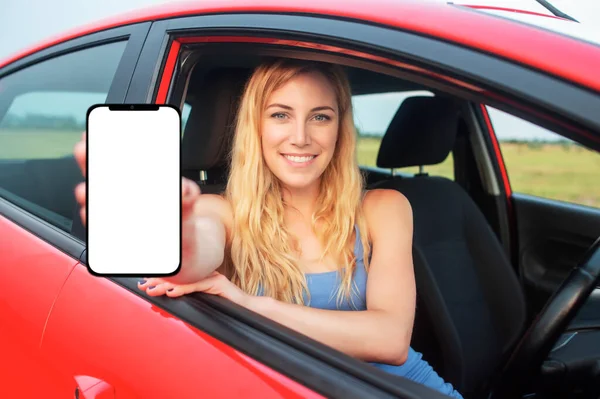 Young Woman Car Shows Smartphone White Screen — 스톡 사진