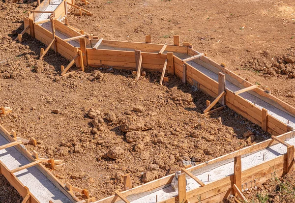 Wooden Formwork Pouring Concrete Foundation House Foundation Construction — Φωτογραφία Αρχείου