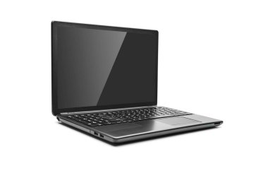 Boş ekranlı laptop beyaz arkaplanda izole edildi.