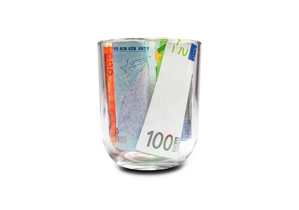 白い背景で隔離のガラスでユーロ紙幣 — ストック写真