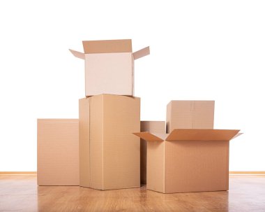 Group of mail cardboard boxes isolated on white background. Postal cardboard box isolated on white background.