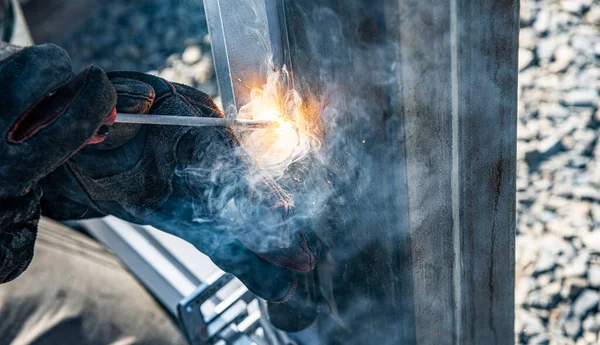Metal Welding Work Welder Metal Structures — Fotografia de Stock