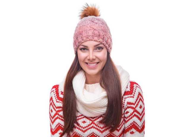 Schöne Junge Frau Pullover Und Warmem Hut Die Lächelnd Auf — Stockfoto