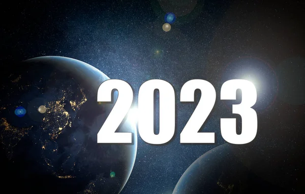 2023新年 2023年在地球在太空飞行的背景下 美国航天局提供的这一图像的要素 — 图库照片