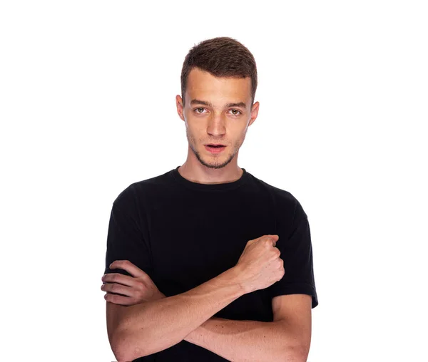 Jeune Homme Shirt Noir Sur Fond Blanc — Photo