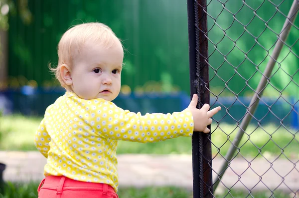 Baby girl near the fence — Stock Photo, Image