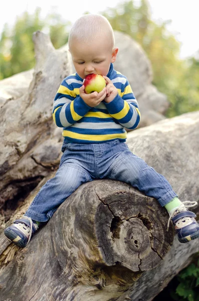 Bébé garçon mordre une pomme — Photo