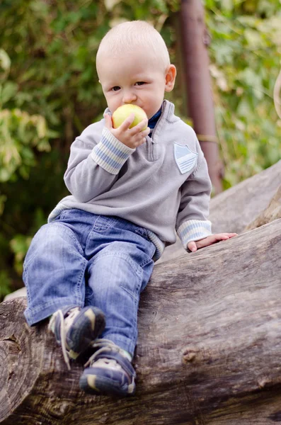 Little boy on a log — Stock Photo, Image