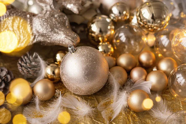 Christmas Background Golden Balls Feathers Sparkles Lamps — Stock Photo, Image
