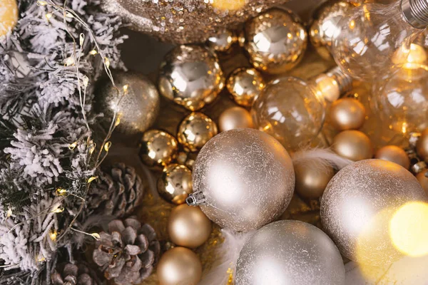 Background Golden Christmas Balls Christmas Tree Lamps Close — Stock Photo, Image