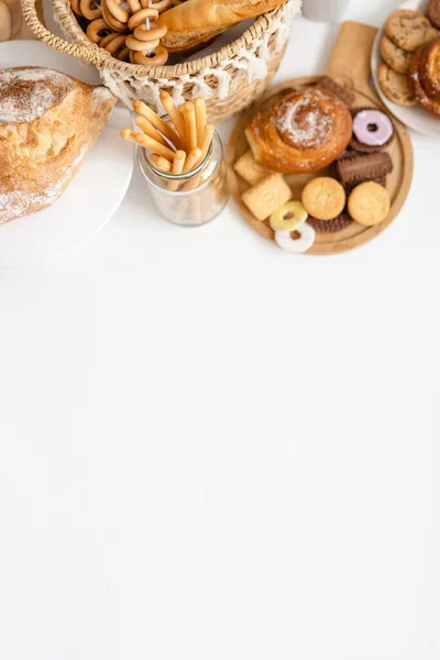 Banner Top View Pastries Buns Grissini Bread Cookies White Background — Stock Photo, Image