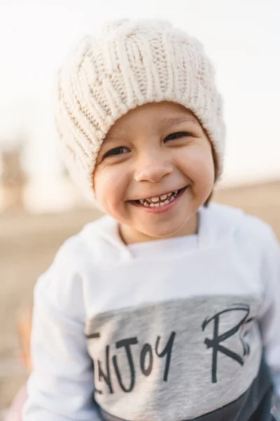 Cute Little Boy Knitted Hat Happy Smile Sunlight Walk Child — Stock Photo, Image