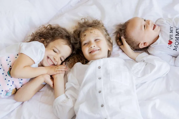 Three Small Children Lie White Bed Have Fun Little Boy — стоковое фото